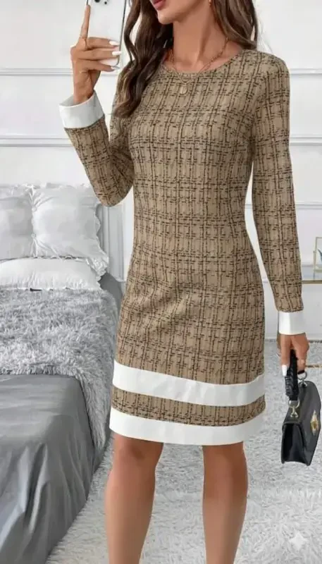 Women's Long Sleeve Crew Neck Mini Woven Dress with Striped Hem Detail - 1