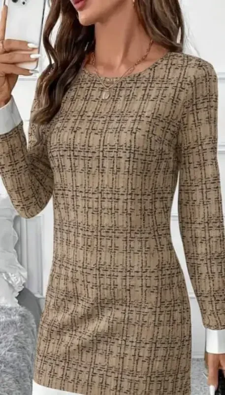 Women's Long Sleeve Crew Neck Mini Woven Dress with Striped Hem Detail - 2