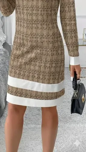 Women's Long Sleeve Crew Neck Mini Woven Dress with Striped Hem Detail - 3