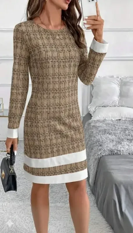 Women's Long Sleeve Crew Neck Mini Woven Dress with Striped Hem Detail - 4