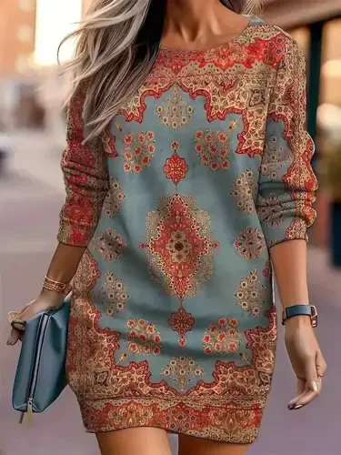 Women's Long Sleeve Crew Neck Patterned Mini Modal Dress - 1