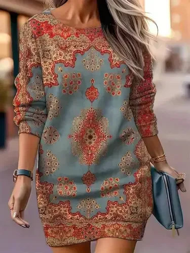 Women's Long Sleeve Crew Neck Patterned Mini Modal Dress - 3