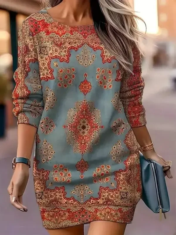 Women's Long Sleeve Crew Neck Patterned Mini Modal Dress - 3