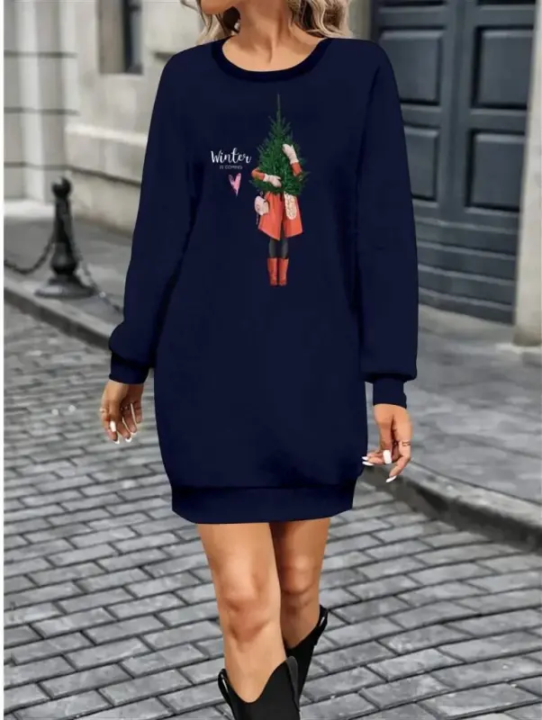 Women's Long Sleeve Crew Neck Patterned Short Viscose Two Thread Dress - BÜYÜKBEDENIZ