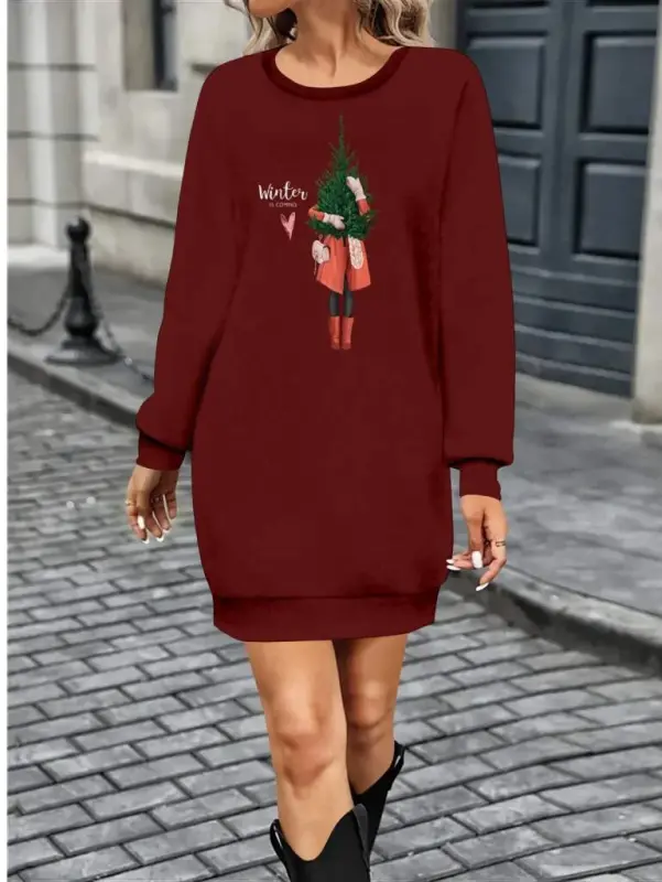Women's Long Sleeve Crew Neck Patterned Short Viscose Two Thread Dress - 1