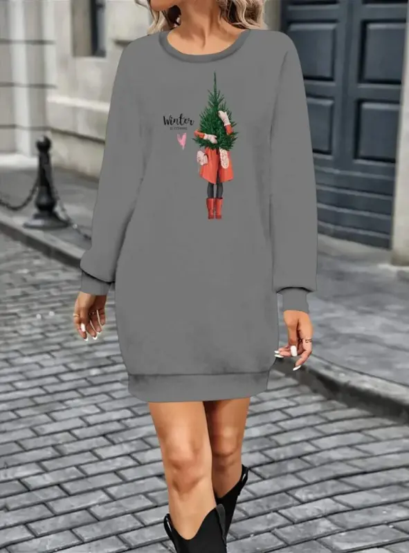 Women's Long Sleeve Crew Neck Patterned Short Viscose Two Thread Dress - 1