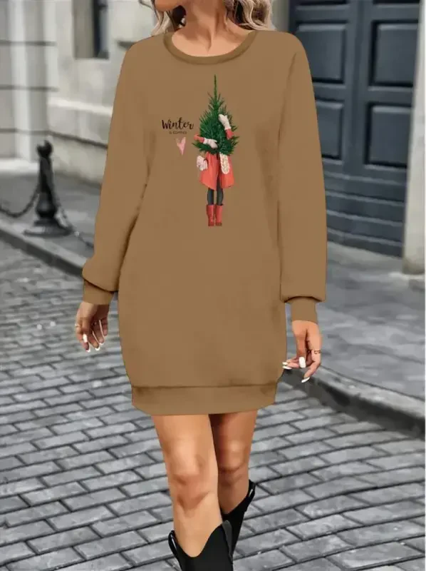 Women's Long Sleeve Crew Neck Patterned Short Viscose Two Thread Dress - BÜYÜKBEDENIZ