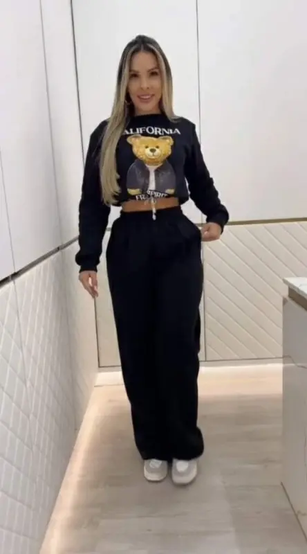 Women's Long Sleeve Crew Neck Patterned Two Thread Fleece Blouse and Pants Set - 2