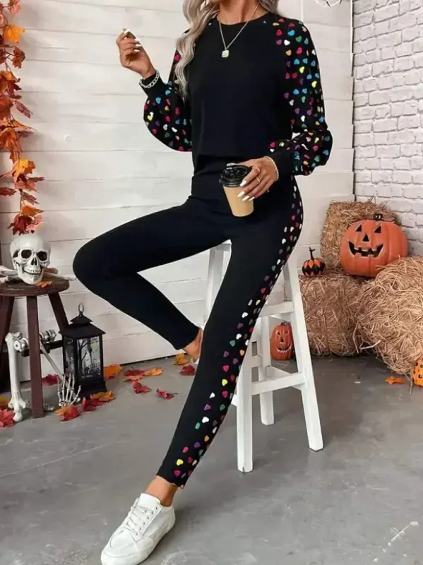 Women's Long Sleeve Crew Neck Patterned Viscose Two Thread Blouse and Pants Set - 1