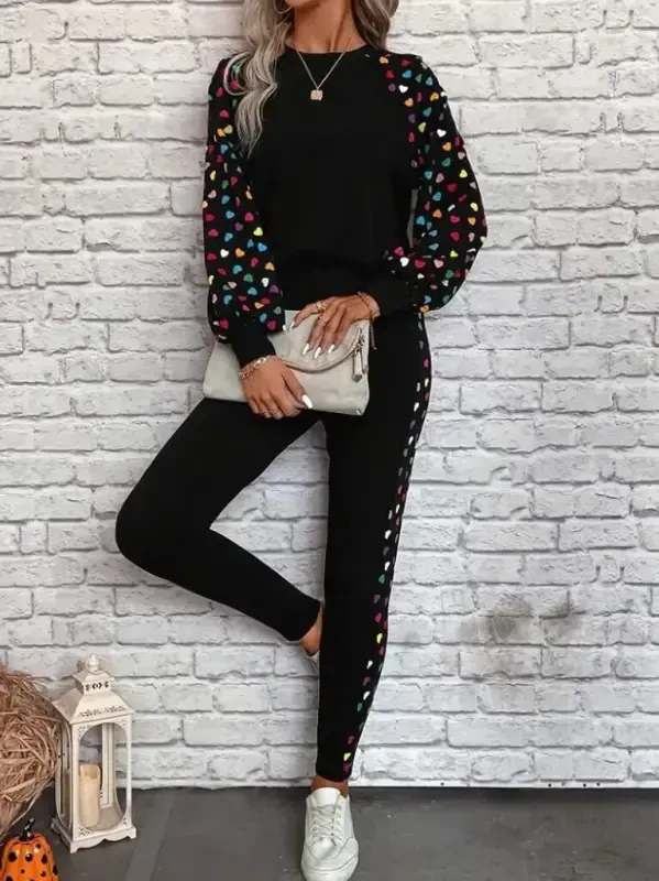 Women's Long Sleeve Crew Neck Patterned Viscose Two Thread Blouse and Pants Set - 2