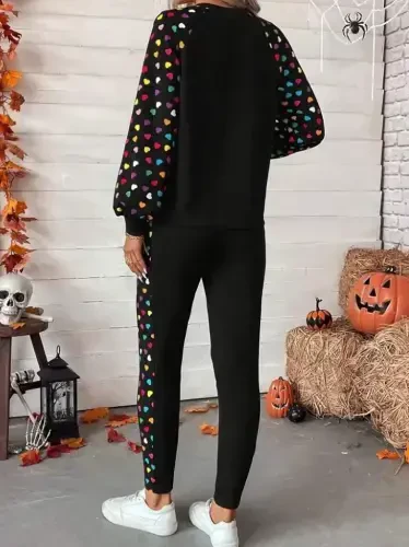 Women's Long Sleeve Crew Neck Patterned Viscose Two Thread Blouse and Pants Set - 3