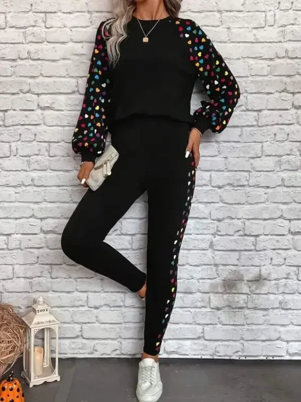 Women's Long Sleeve Crew Neck Patterned Viscose Two Thread Blouse and Pants Set - 4