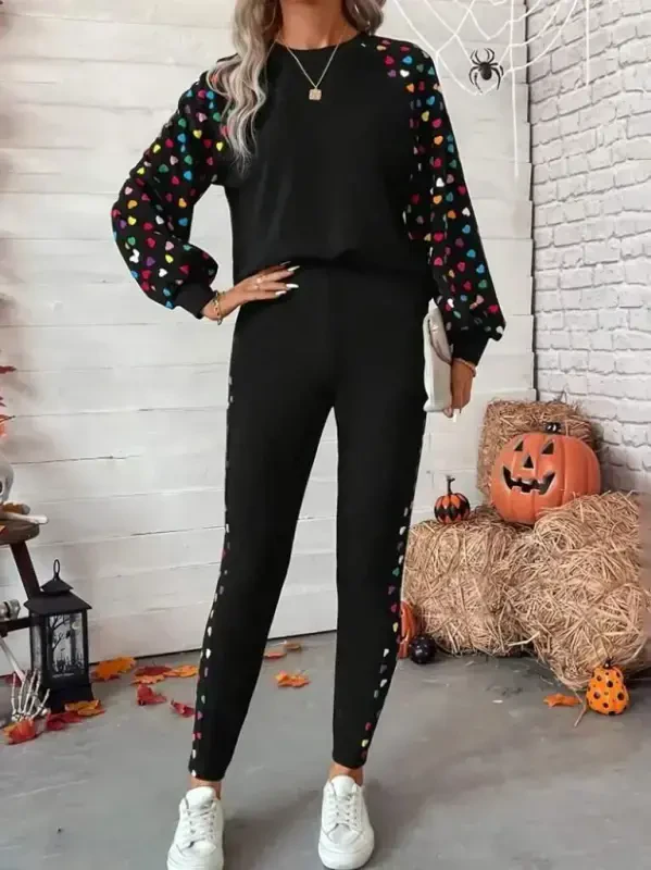 Women's Long Sleeve Crew Neck Patterned Viscose Two Thread Blouse and Pants Set - 5