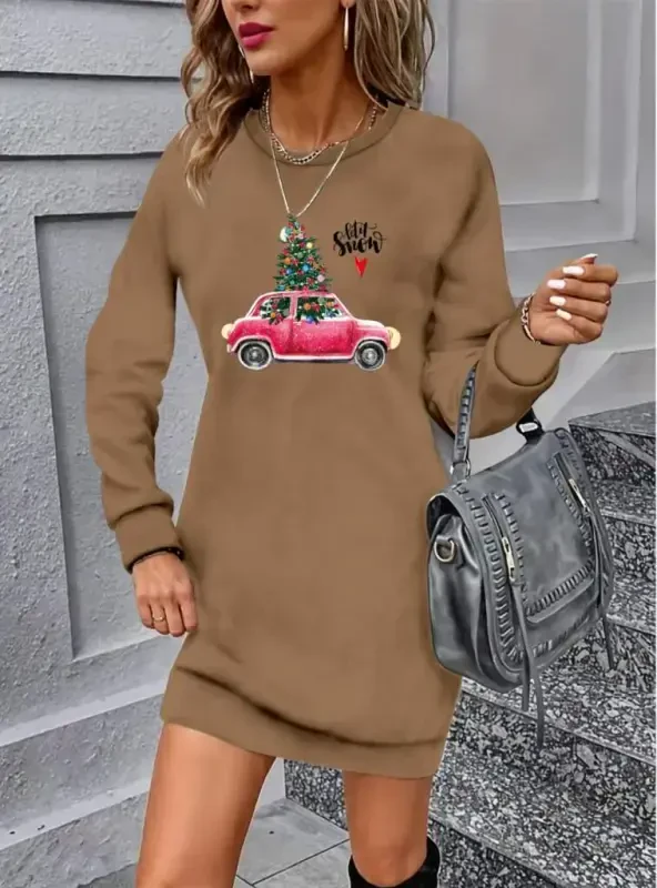 Women's Long Sleeve Crew Neck Patterned Viscose Two Thread Dress - 1