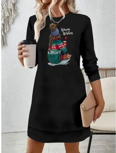 Women's Long Sleeve Crew Neck Patterned Viscose Two Thread Dress - BÜYÜKBEDENIZ (1)