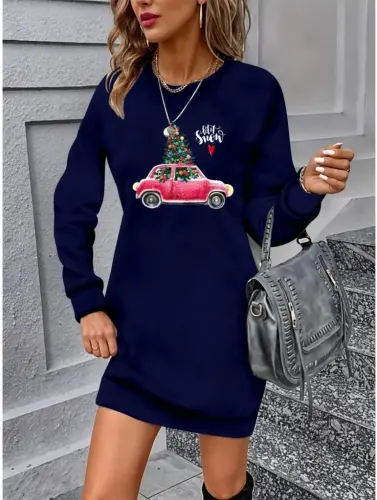 Women's Long Sleeve Crew Neck Patterned Viscose Two Thread Dress - 1