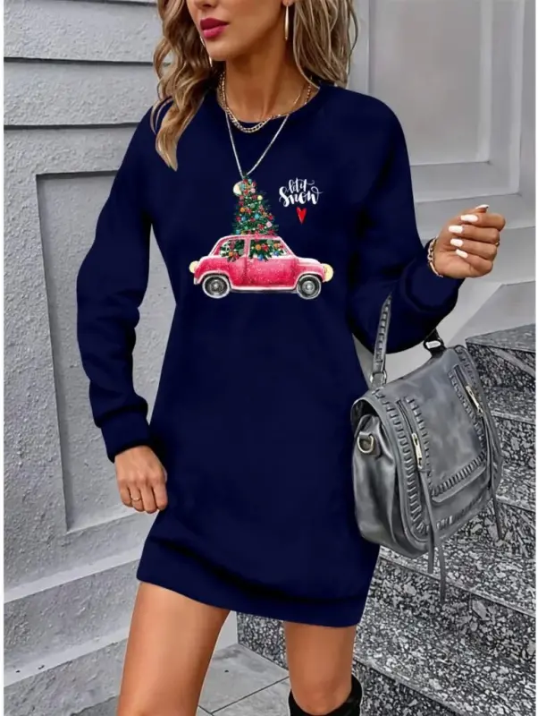 Women's Long Sleeve Crew Neck Patterned Viscose Two Thread Dress - 1