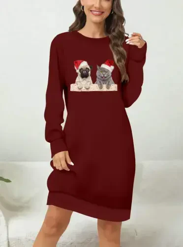 Women's Long Sleeve Crew Neck Patterned Viscose Two Thread Dress - 1