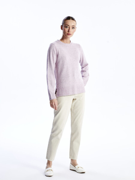 Women's Long Sleeve Crew Neck Plain Knit Sweater - 3