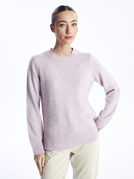 Women's Long Sleeve Crew Neck Plain Knit Sweater - 15