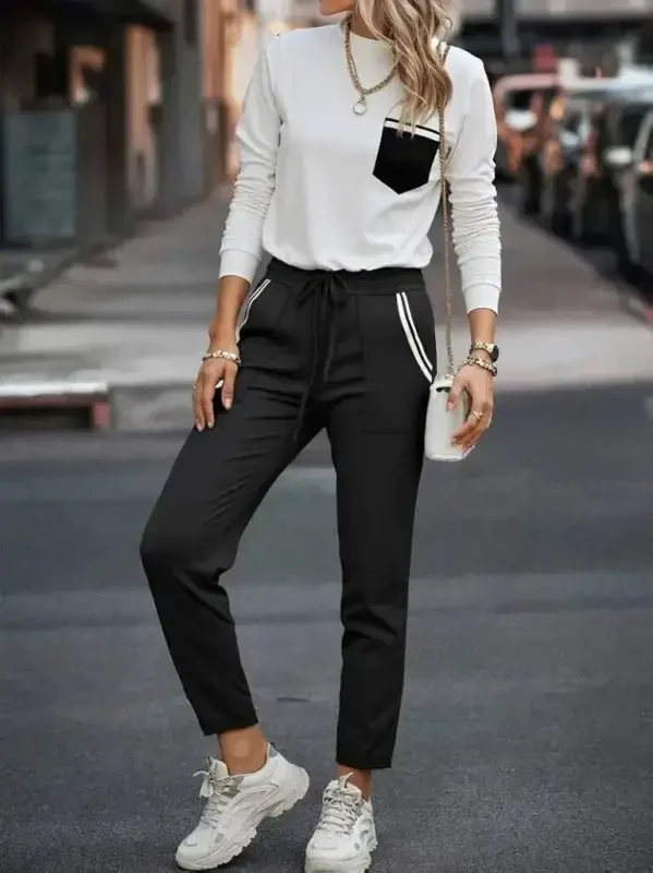 Women's Long Sleeve Crew Neck Pocketed Viscose Two Thread Blouse and Pants Set - 2