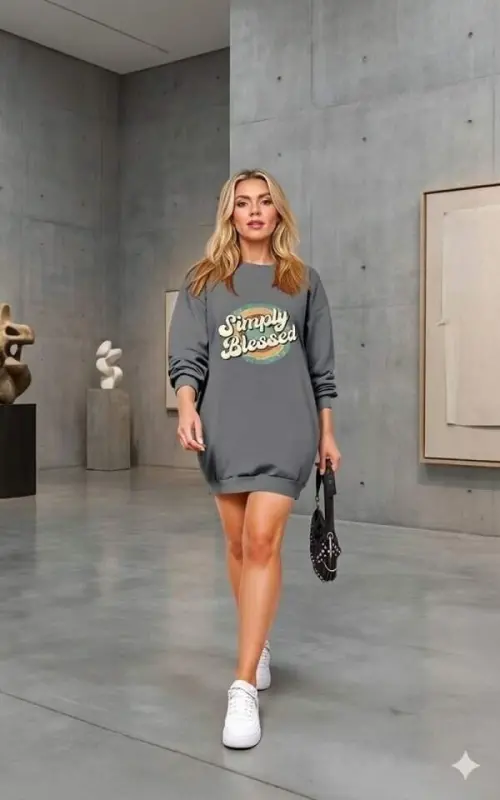 Women's Long Sleeve Crew Neck Printed Viscose Two Thread Dress - 2