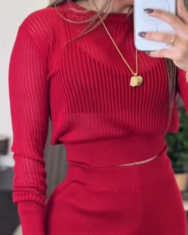 Women's Long Sleeve Crew Neck See-Through Detail Knit Blouse And Pants Set - 4