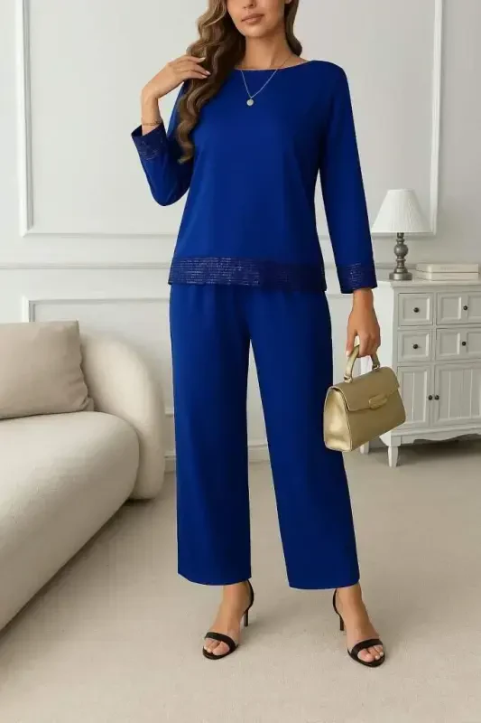 Women's Long Sleeve Crew Neck Sequin Viscose Two Thread Blouse and Pants Set - BÜYÜKBEDENIZ