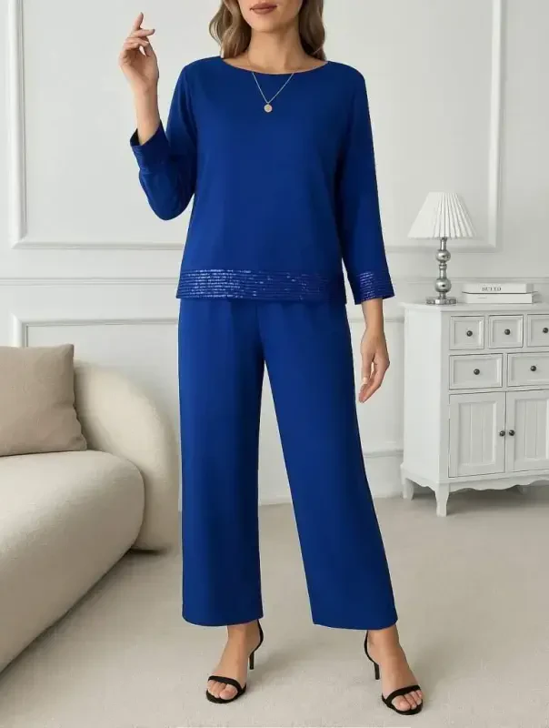 Women's Long Sleeve Crew Neck Sequin Viscose Two Thread Blouse and Pants Set - 2