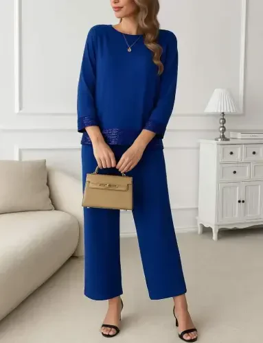 Women's Long Sleeve Crew Neck Sequin Viscose Two Thread Blouse and Pants Set - 3