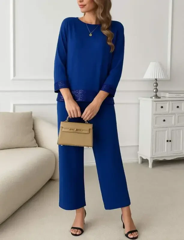 Women's Long Sleeve Crew Neck Sequin Viscose Two Thread Blouse and Pants Set - 3