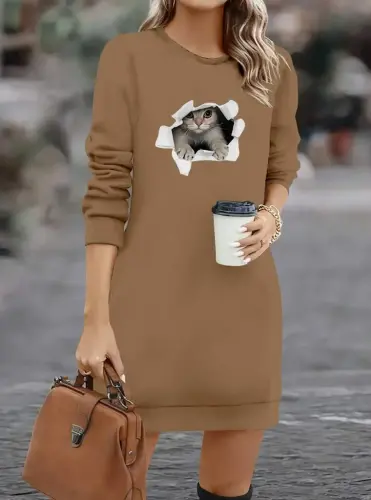 Women's Long Sleeve Crew Neck Short Viscose Two Thread Dress - 3