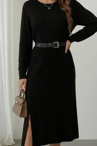 Women's Long Sleeve Crew Neck Side Slit Midi Knitted Dress - BÜYÜKBEDENIZ (1)