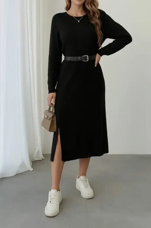 Women's Long Sleeve Crew Neck Side Slit Midi Knitted Dress - 3