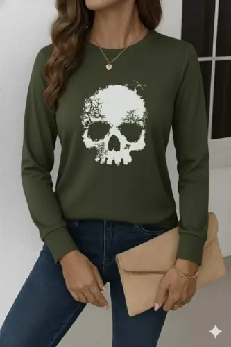 Women's Long Sleeve Crew Neck Skull Patterned Viscose Blouse - 1