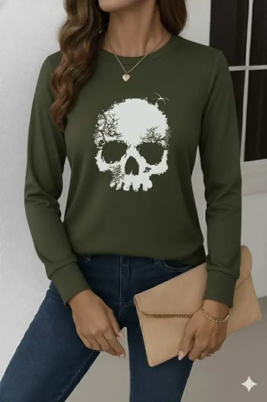 Women's Long Sleeve Crew Neck Skull Patterned Viscose Blouse - 1