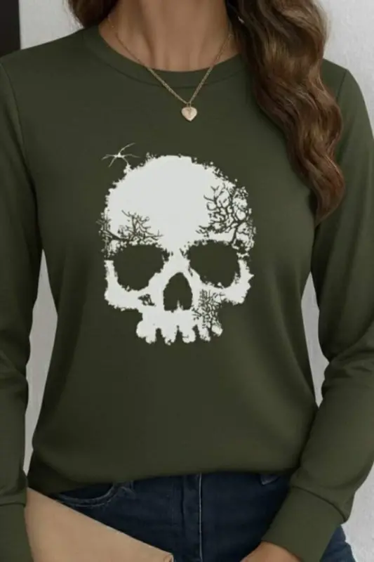 Women's Long Sleeve Crew Neck Skull Patterned Viscose Blouse - 2