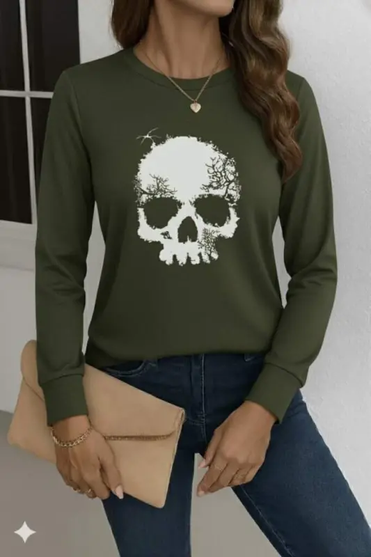 Women's Long Sleeve Crew Neck Skull Patterned Viscose Blouse - 3
