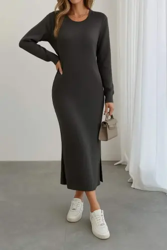 Women's Long Sleeve Crew Neck Slit Detail Knitted Midi Dress - 1