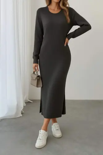 Women's Long Sleeve Crew Neck Slit Detail Knitted Midi Dress - 3