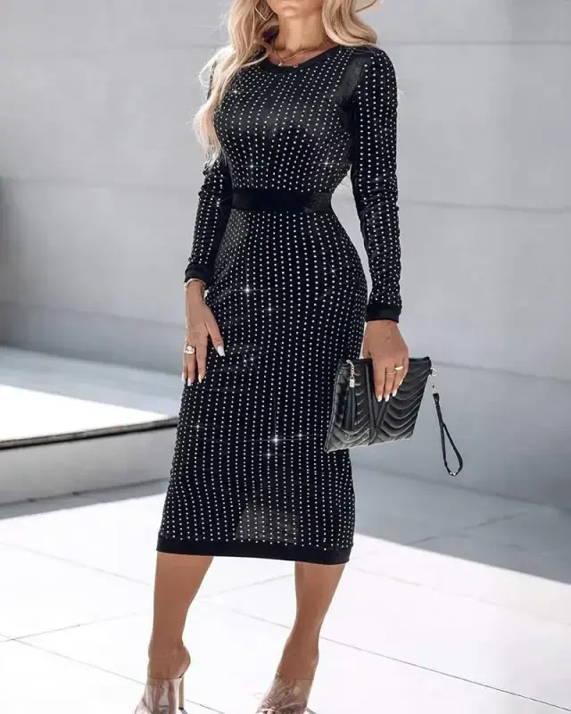 Women's Long Sleeve Crew Neck Stone Detailed Midi Velvet Dress - 1