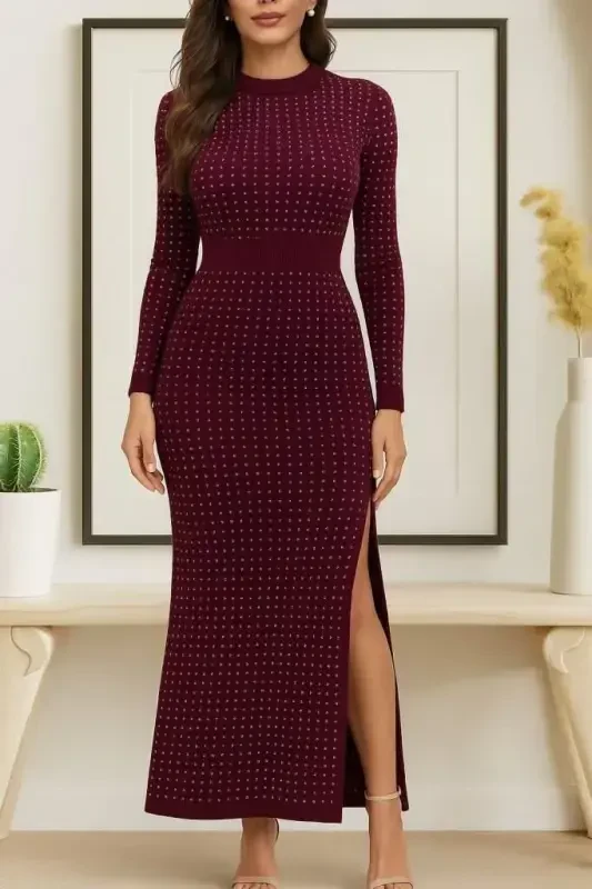 Women's Long Sleeve Crew Neck Stone Detailed Midi Velvet Dress - 1