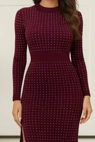 Women's Long Sleeve Crew Neck Stone Detailed Midi Velvet Dress - BÜYÜKBEDENIZ (1)