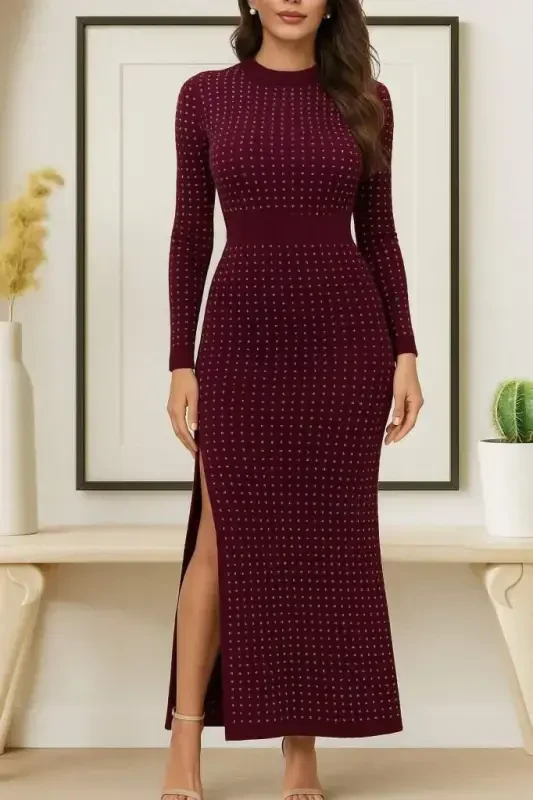 Women's Long Sleeve Crew Neck Stone Detailed Midi Velvet Dress - 3