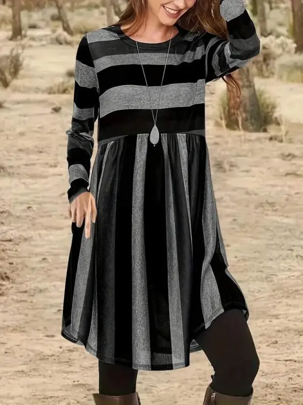Women's Long Sleeve Crew Neck Striped Pattern Detailed Supreme Mini Dress - BÜYÜKBEDENIZ