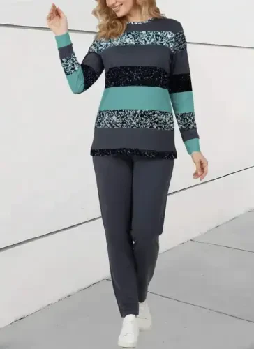 Women's Long Sleeve Crew Neck Striped Pattern Two Thread Blouse and Pants Set - 1