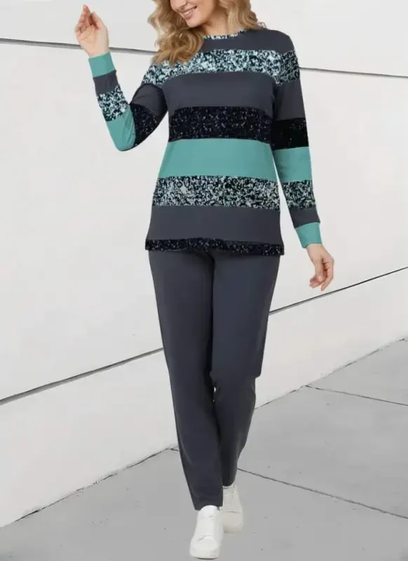 Women's Long Sleeve Crew Neck Striped Pattern Two Thread Blouse and Pants Set - 1