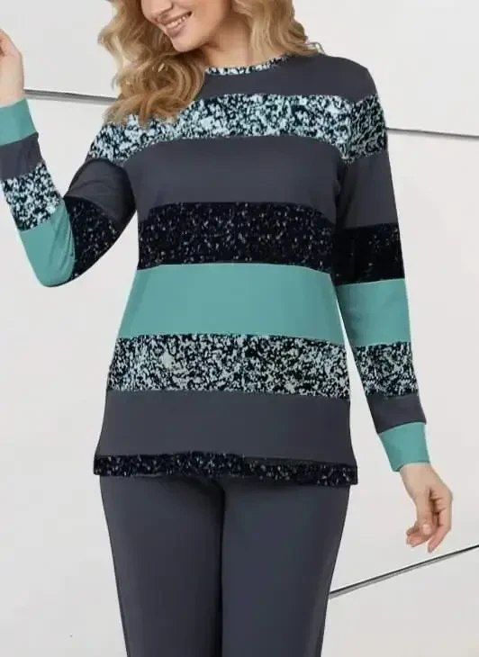 Women's Long Sleeve Crew Neck Striped Pattern Two Thread Blouse and Pants Set - 2