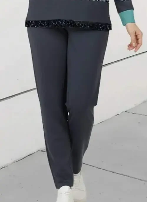 Women's Long Sleeve Crew Neck Striped Pattern Two Thread Blouse and Pants Set - 3