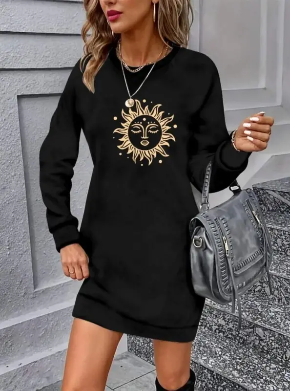 Women's Long Sleeve Crew Neck Sun Patterned Viscose Two Thread Dress - 2